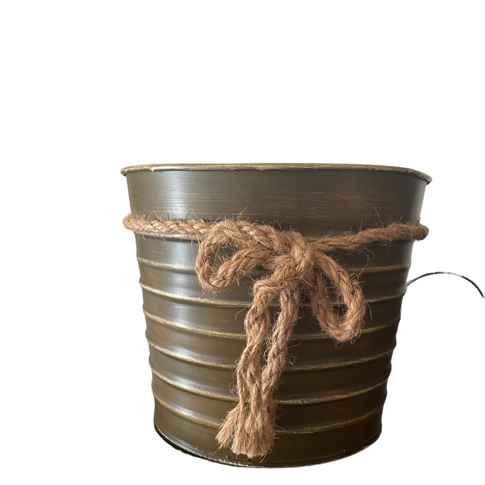 Brown Metal Ribbed Bucket with Rope Bow Fall Home Decor - Picture 4 of 7